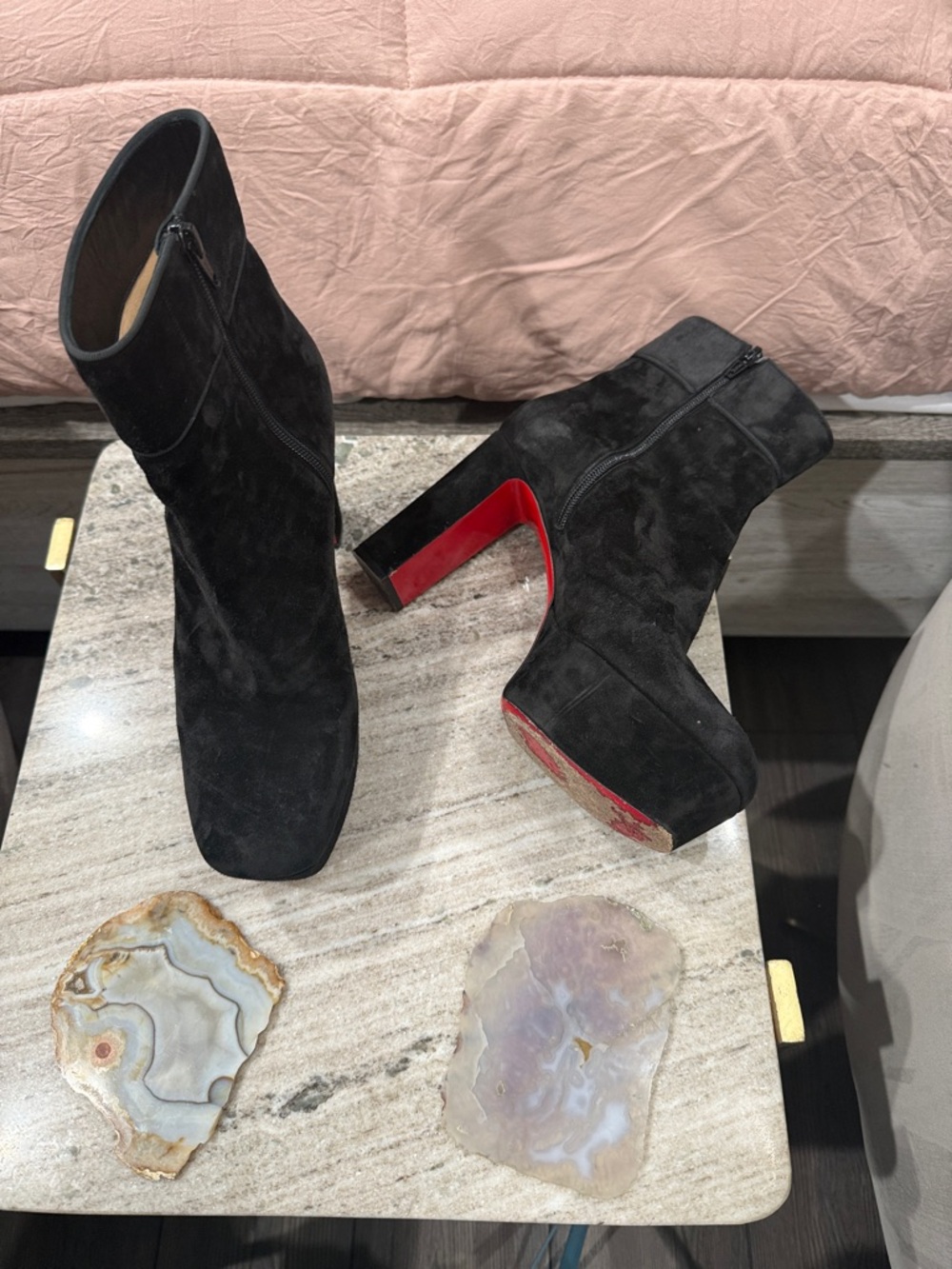 Christian Louboutin Black Suede Platform Ankle Boots with Zipper